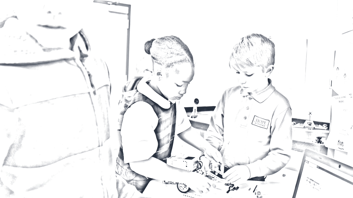 Pencil sketch of two students building a LEGO vehicle.